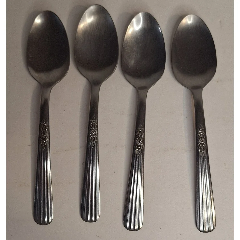 Lot of 4 Thor Oneida fluted rose teaspoon flat silver ware‎ stainless 6 inch